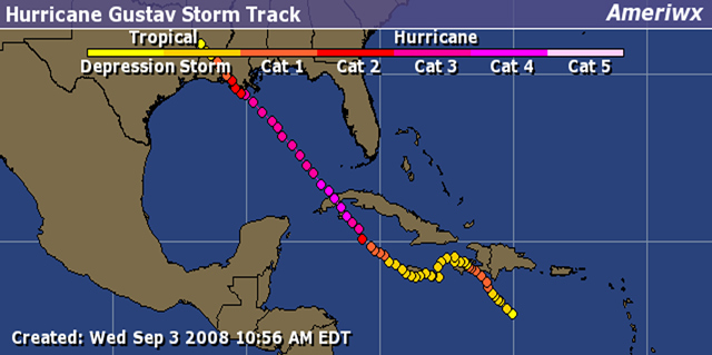 Ураган Густав свободно проходит над Мексиканским заливом